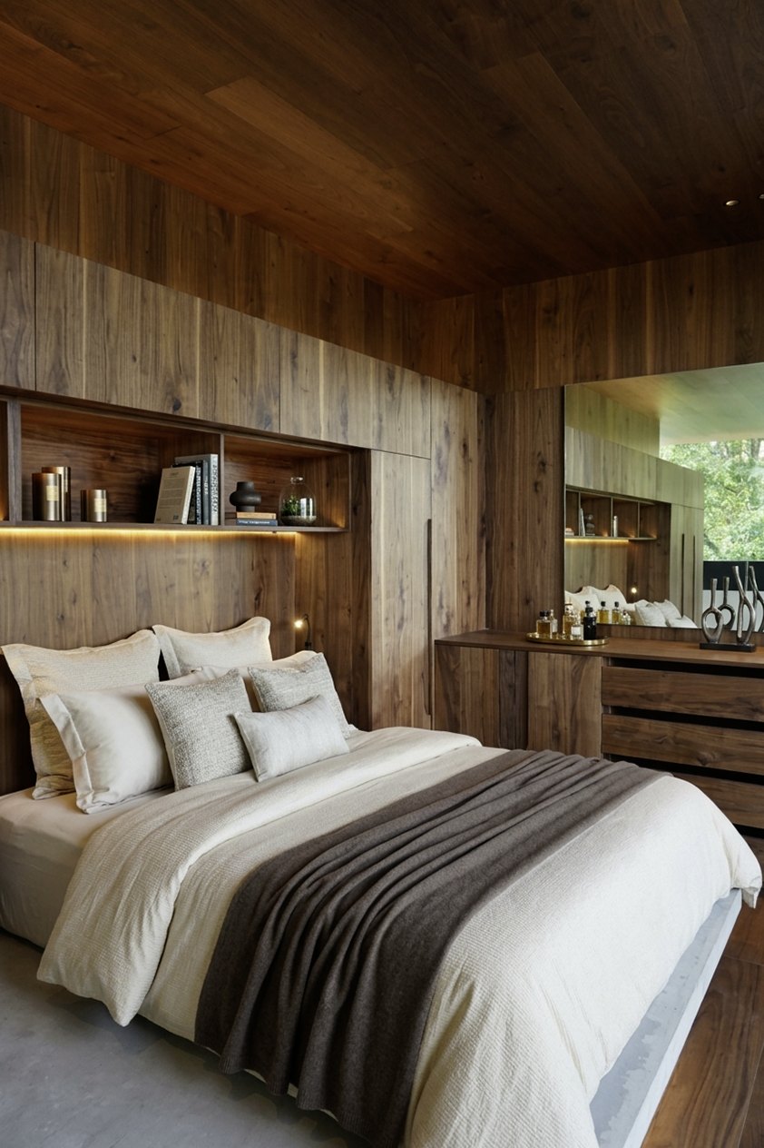 Recámara con la cama vestida y el vestidor de madera