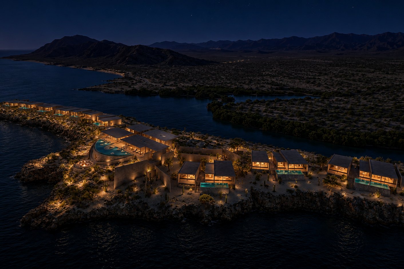 El conjunto iluminado sobre la punta, de noche