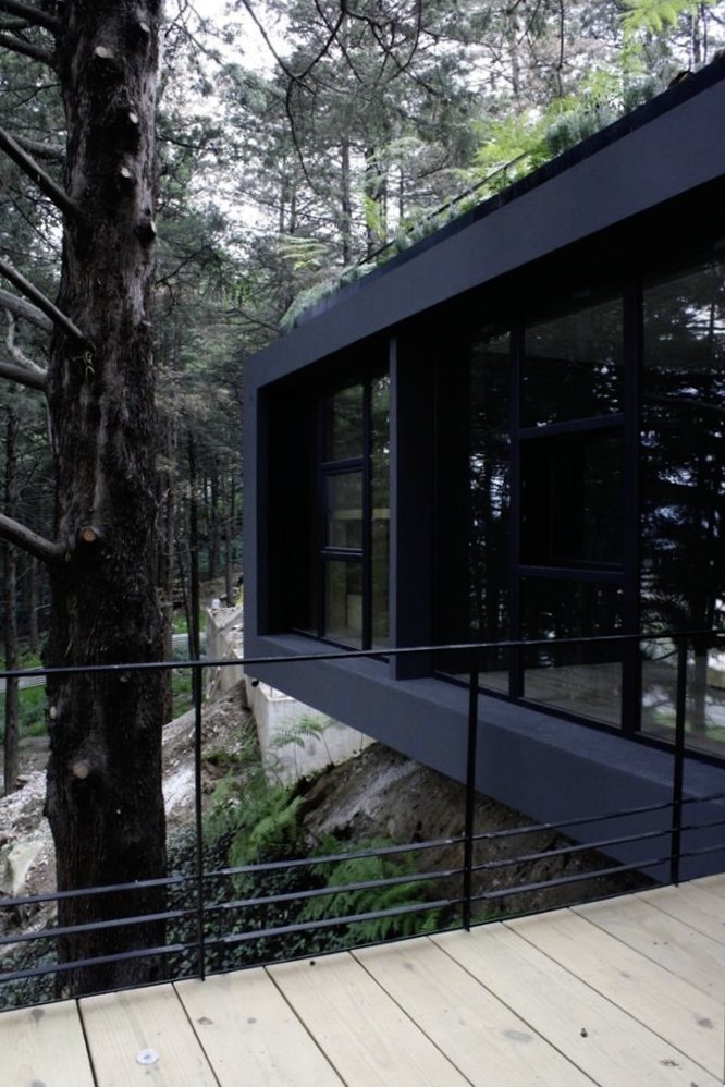 El volumen acristalado sobre la terraza de madera