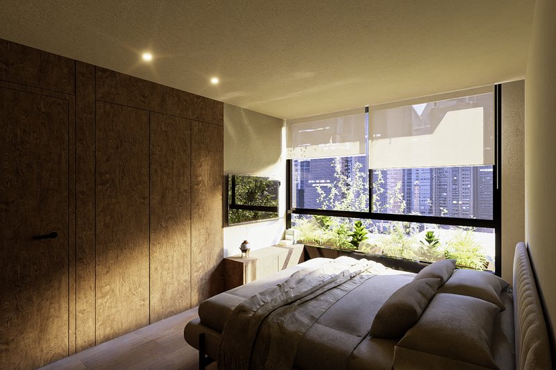 Recámara con el muro de madera y la ventana a la arboleda