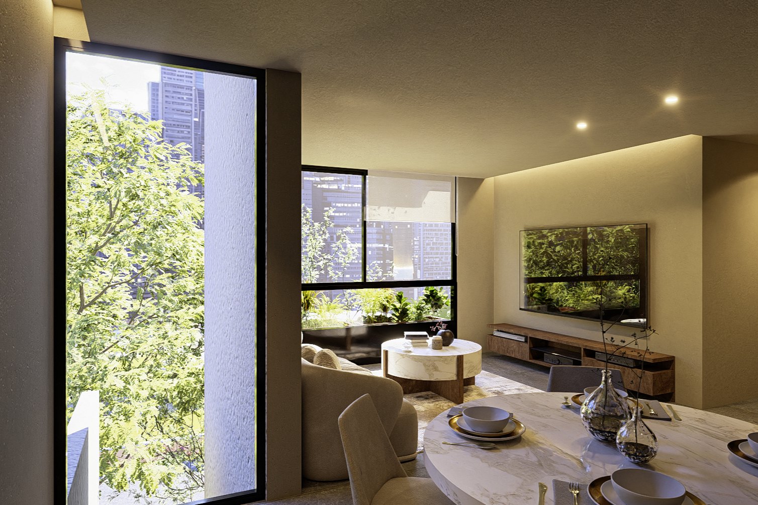 Comedor y estar junto al ventanal, con la vegetación fuera