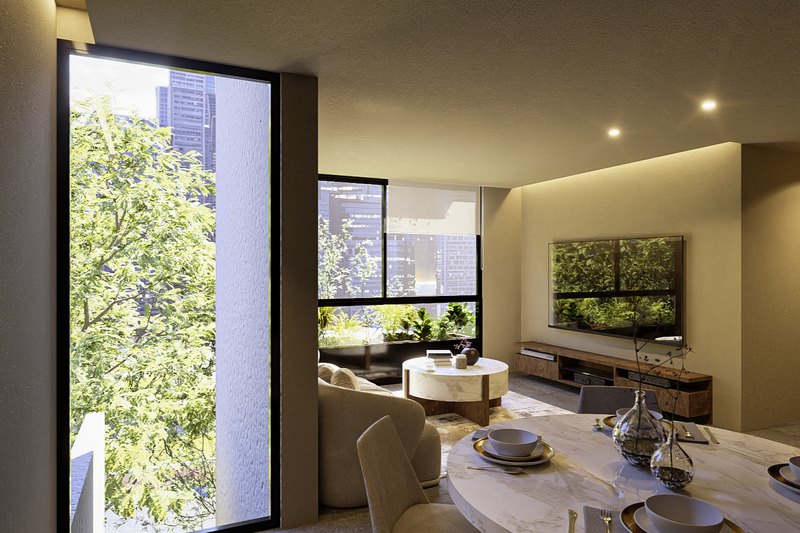 Comedor y estar junto al ventanal, con la vegetación fuera