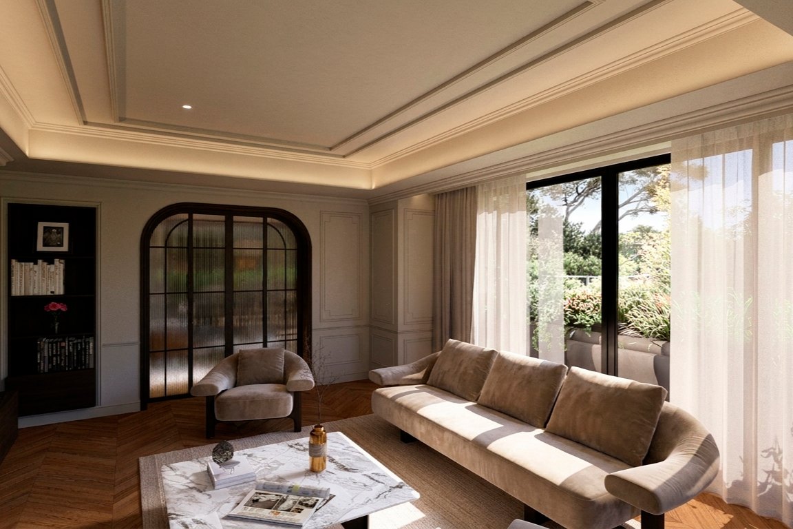 Salón con las puertas de arco y las cortinas al jardín