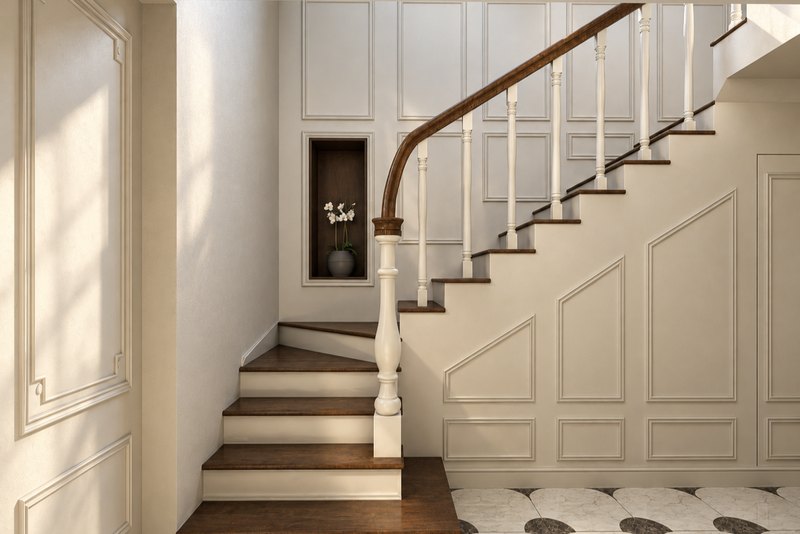 La escalera de madera contra el muro de entrepaños