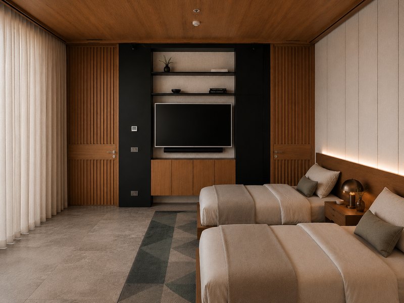 Recámara con el mueble de televisión empotrado en la madera